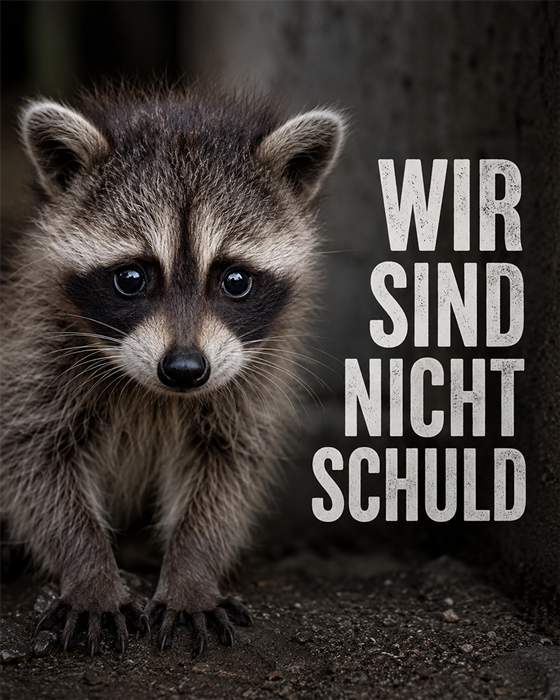 Waschbär mit dem Schriftzug: Wir sind nicht schuld
